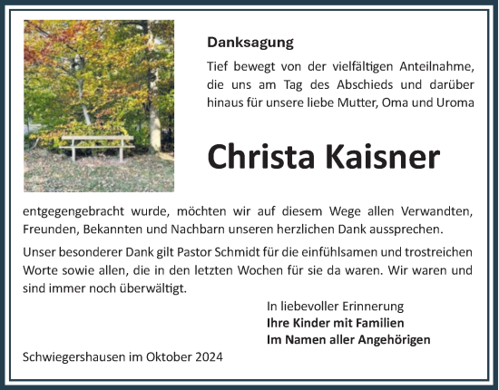 Traueranzeige von Christa Kaisner von Harz Kurier