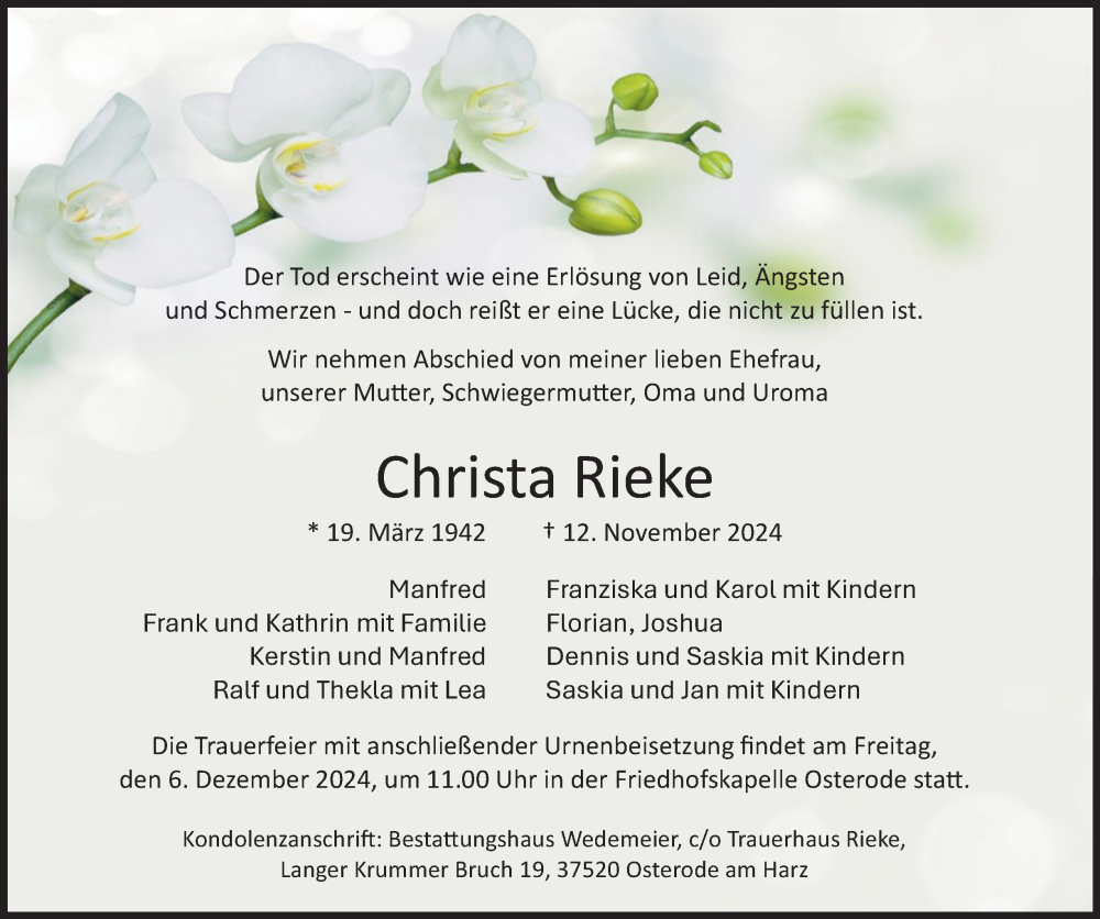  Traueranzeige für Christa Rieke vom 16.11.2024 aus Harz Kurier