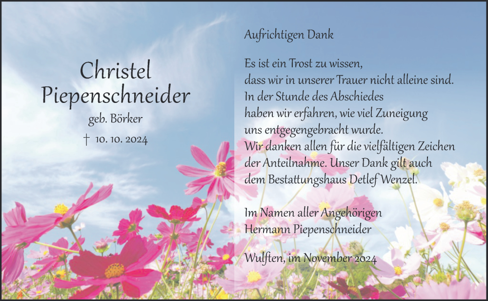  Traueranzeige für Christel Piepenschneider vom 30.11.2024 aus Harz Kurier