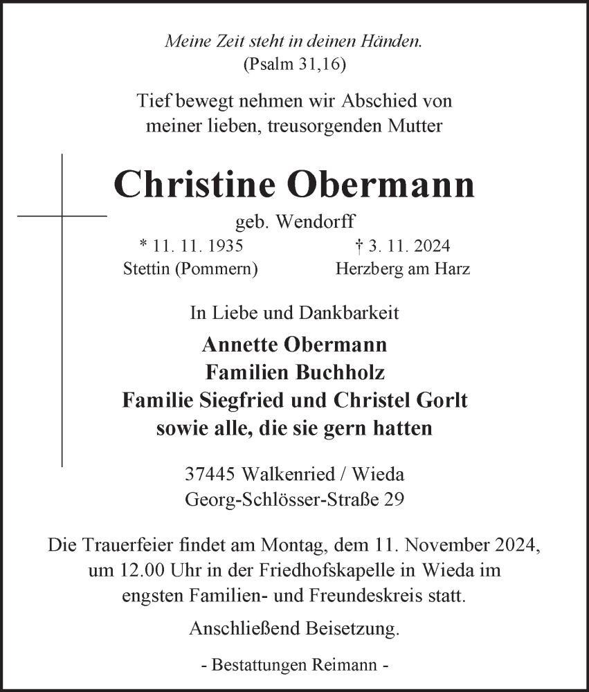  Traueranzeige für Christine Obermann vom 08.11.2024 aus Harz Kurier