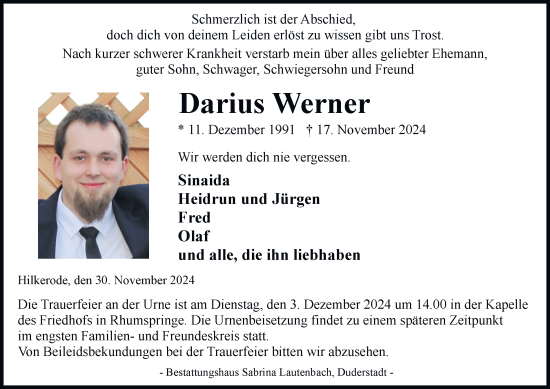Traueranzeige von Darius Werner von Harz Kurier