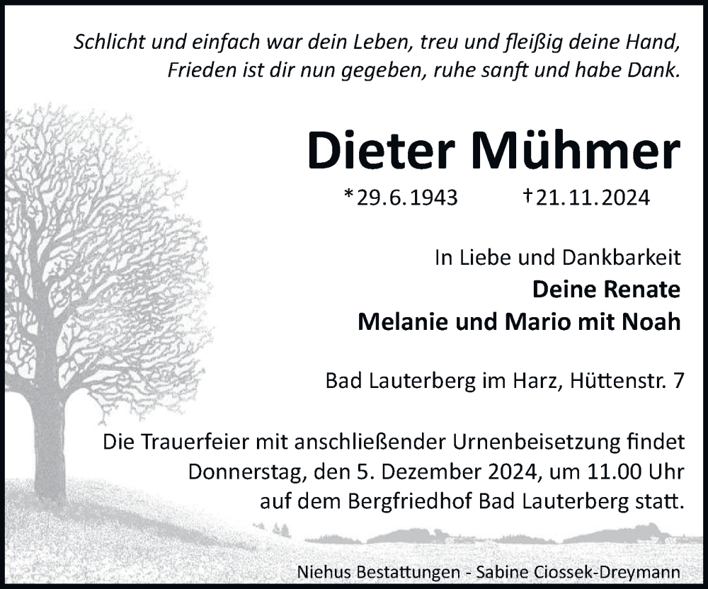  Traueranzeige für Dieter Mühmer vom 30.11.2024 aus Harz Kurier
