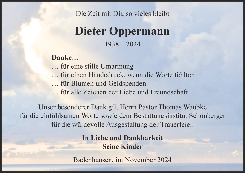  Traueranzeige für Dieter Oppermann vom 30.11.2024 aus Harz Kurier