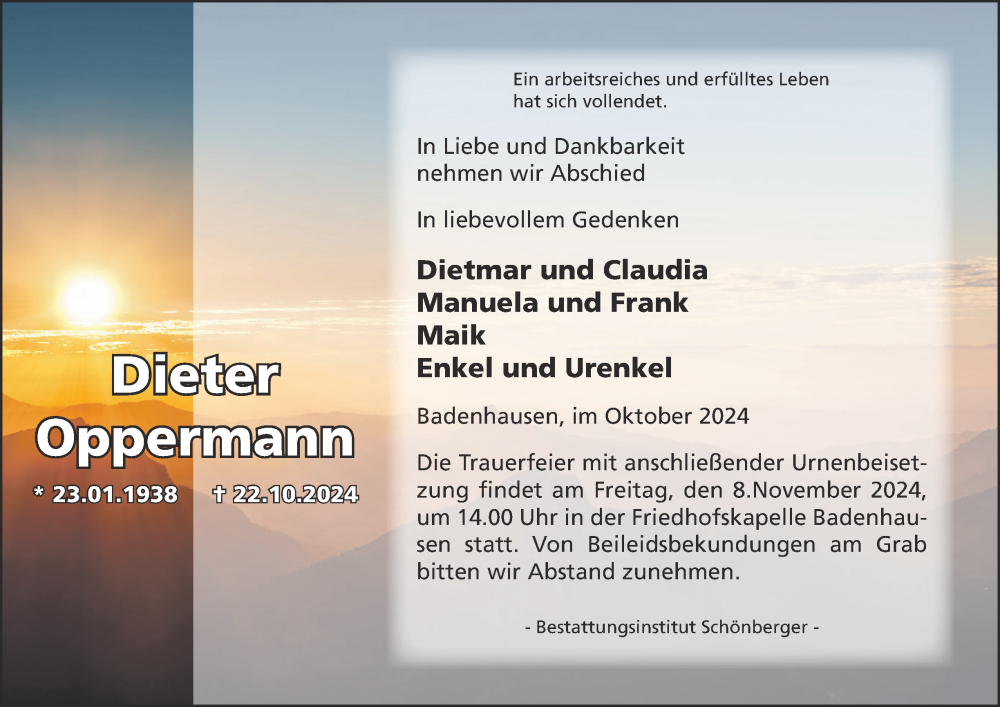  Traueranzeige für Dieter Oppermann vom 02.11.2024 aus Harz Kurier