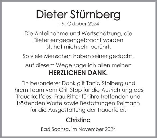 Traueranzeige von Dieter Stürnberg von Harz Kurier