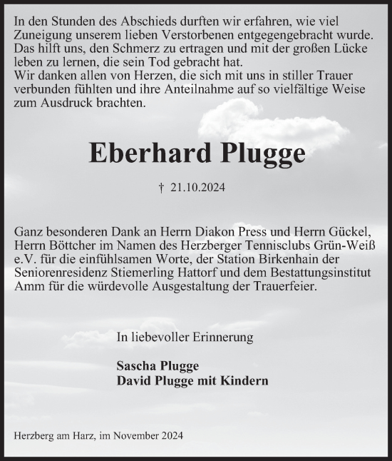 Traueranzeige von Eberhard Plugge von Harz Kurier