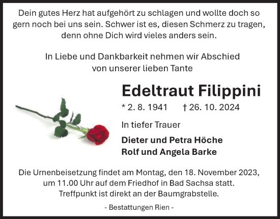 Traueranzeige von Edeltraut Filippini von Harz Kurier