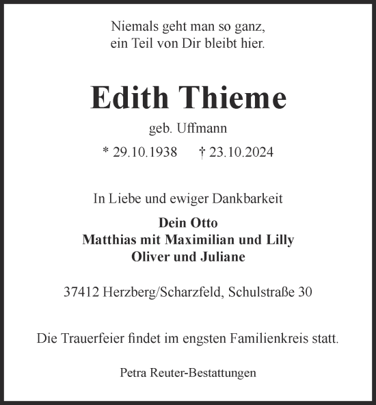 Traueranzeige von Edith Thieme von Harz Kurier