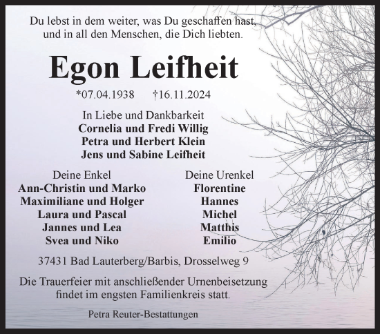 Traueranzeige von Egon Leifheit von Harz Kurier