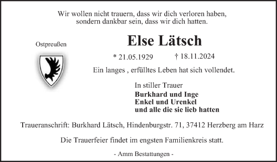Traueranzeige von Else Lätsch von Harz Kurier