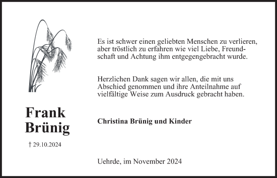 Traueranzeige von Frank Brünig von Harz Kurier
