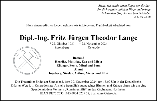 Traueranzeige von Fritz Jürgen Theodor Lange von Harz Kurier