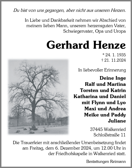 Traueranzeige von Gerhard Henze von Harz Kurier