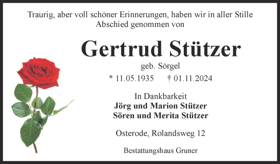Traueranzeige von Gertrud Stützer von Harz Kurier