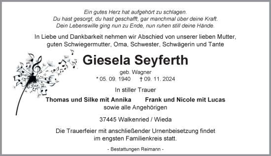 Traueranzeige von Giesela Seyferth von Harz Kurier