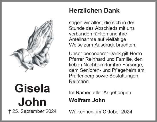 Traueranzeige von Gisela John von Harz Kurier