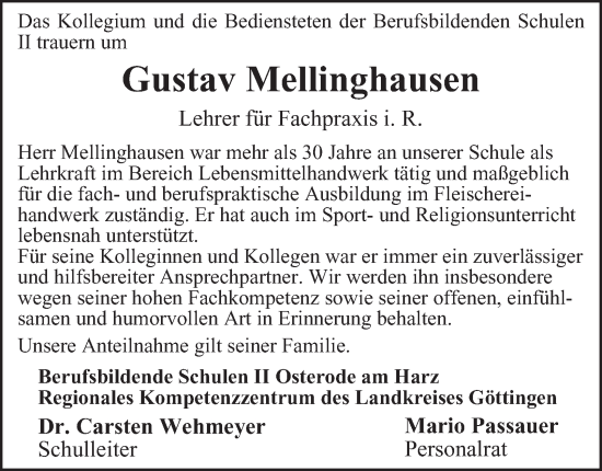 Traueranzeige von Gustav Mellinghausen von Harz Kurier