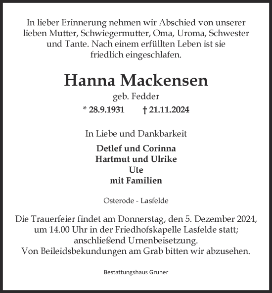 Traueranzeige von Hanna Mackensen von Harz Kurier