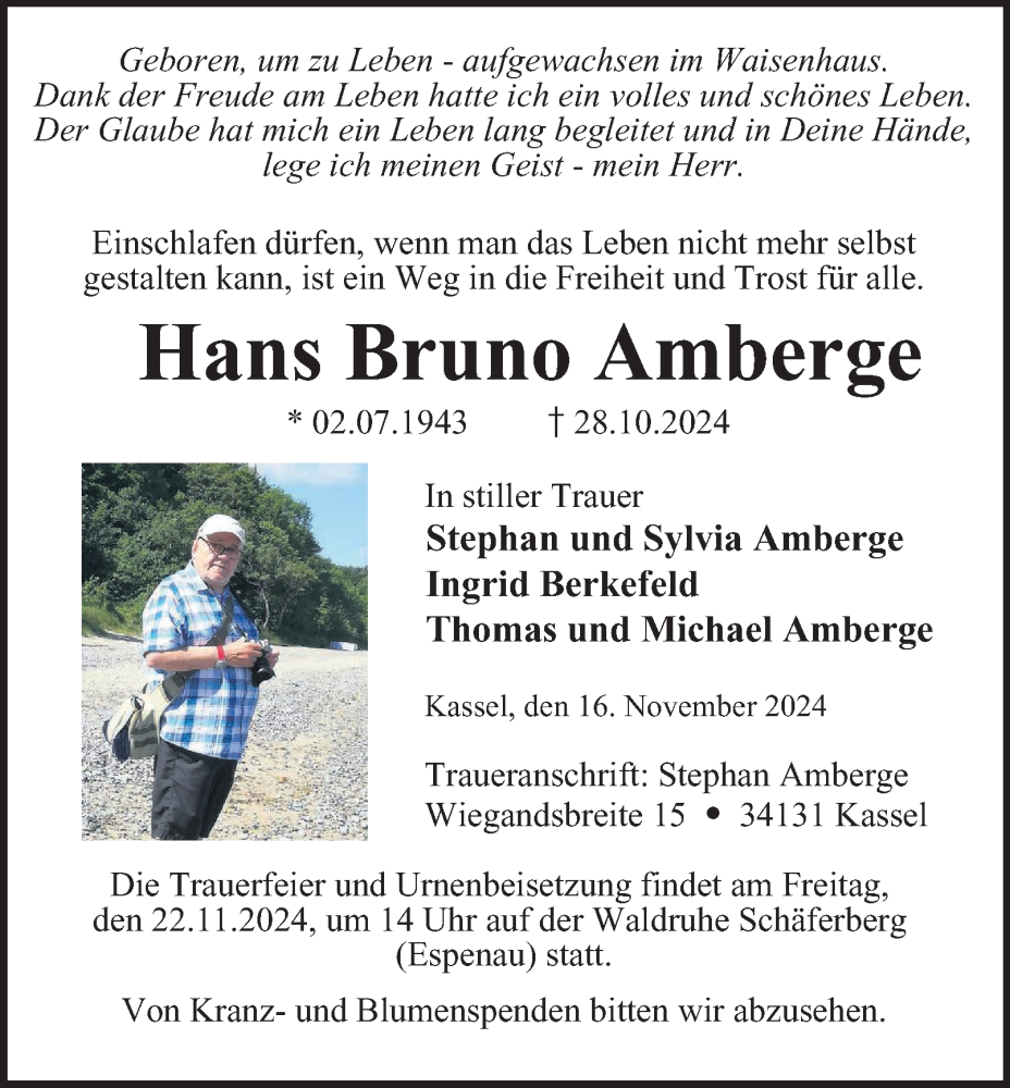  Traueranzeige für Hans Bruno Amberge vom 16.11.2024 aus Harz Kurier