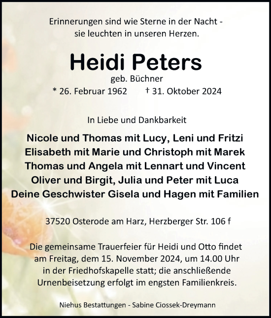 Traueranzeige von Heidi Peters von Harz Kurier