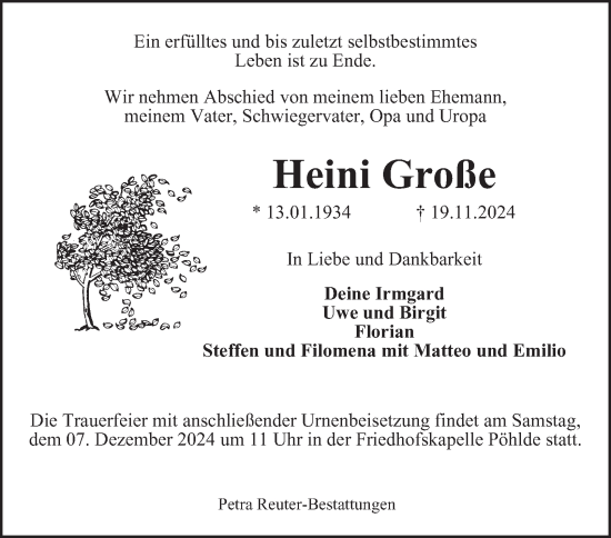 Traueranzeige von Heini Große von Harz Kurier