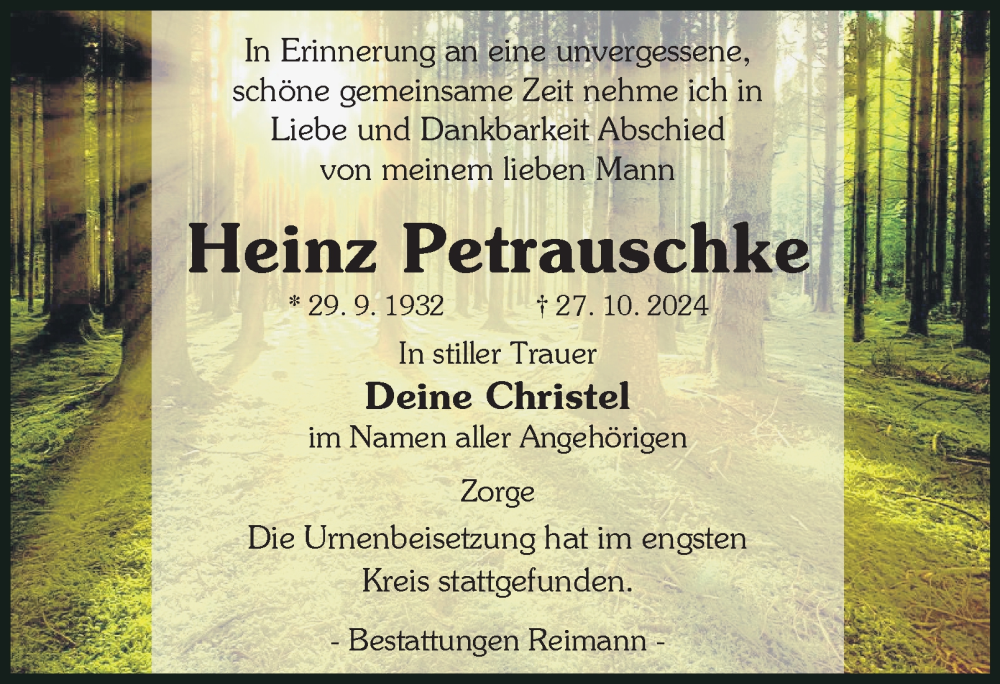  Traueranzeige für Heinz Petrauschke vom 23.11.2024 aus Harz Kurier