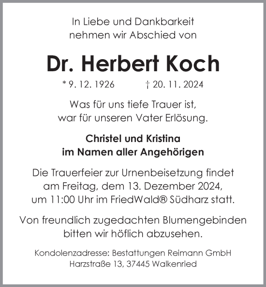 Traueranzeige von Herbert Koch von Harz Kurier