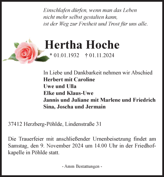 Traueranzeige von Hertha Hoche von Harz Kurier