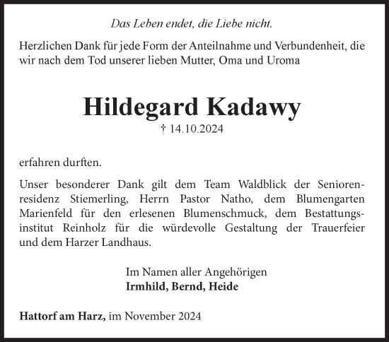 Traueranzeige von Hildegard Kadawy von Harz Kurier