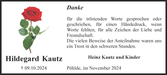 Traueranzeige von Hildegard Kautz von Harz Kurier