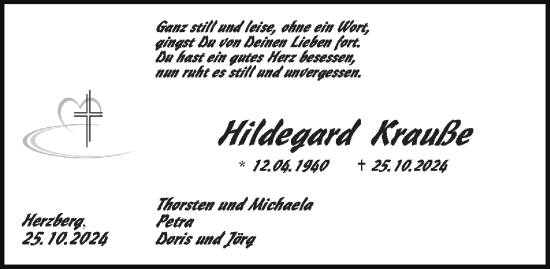 Traueranzeige von Hildegard Krauße von Harz Kurier