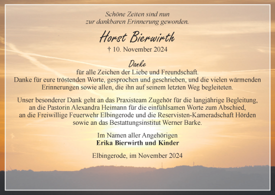 Traueranzeige von Horst Bierwirth von Harz Kurier