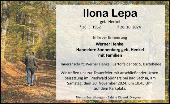 Traueranzeige von Ilona Lepa von Harz Kurier