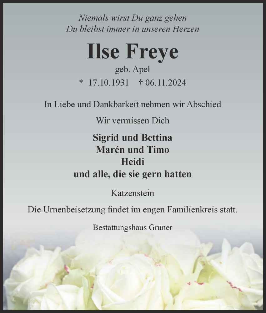  Traueranzeige für Ilse Freye vom 16.11.2024 aus Harz Kurier