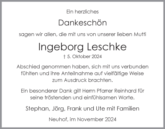 Traueranzeige von Ingeborg Leschke von Harz Kurier