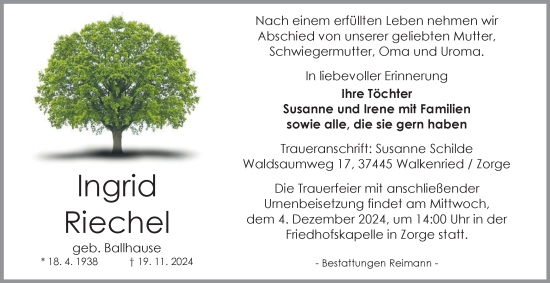 Traueranzeige von Ingrid Riechel von Harz Kurier