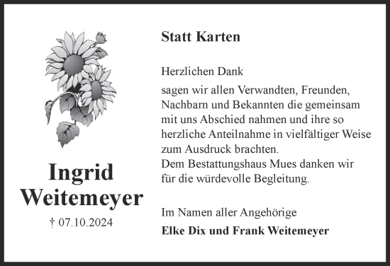 Traueranzeige von Ingrid Weitemeyer von Harz Kurier