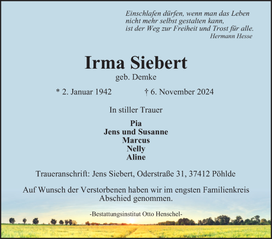 Traueranzeige von Irma Siebert von Harz Kurier