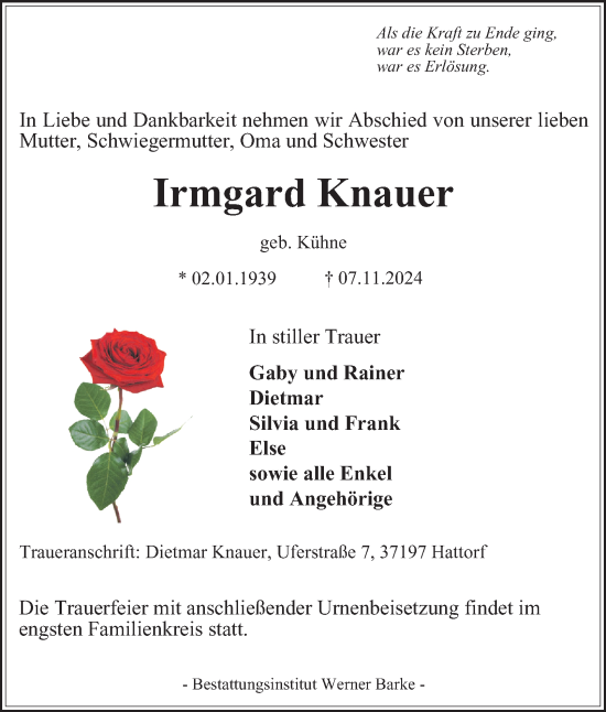 Traueranzeige von Irmgard Knauer von Harz Kurier