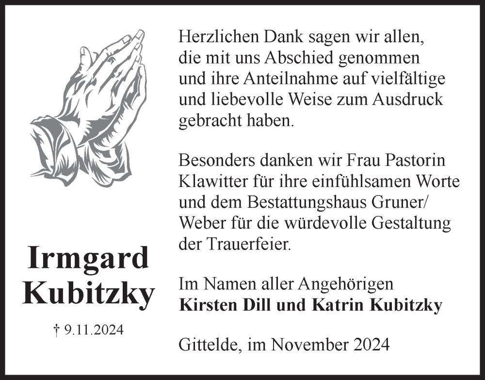  Traueranzeige für Irmgard Kubitzky vom 30.11.2024 aus Harz Kurier