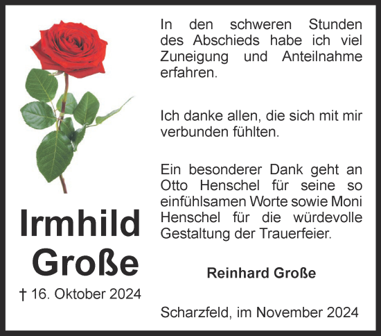 Traueranzeige von Irmhild Große von Harz Kurier