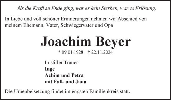 Traueranzeige von Joachim Beyer von Harz Kurier