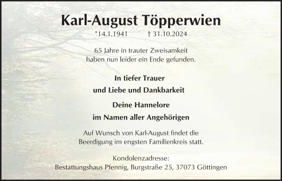 Traueranzeige von Karl-August Töpperwien von Harz Kurier