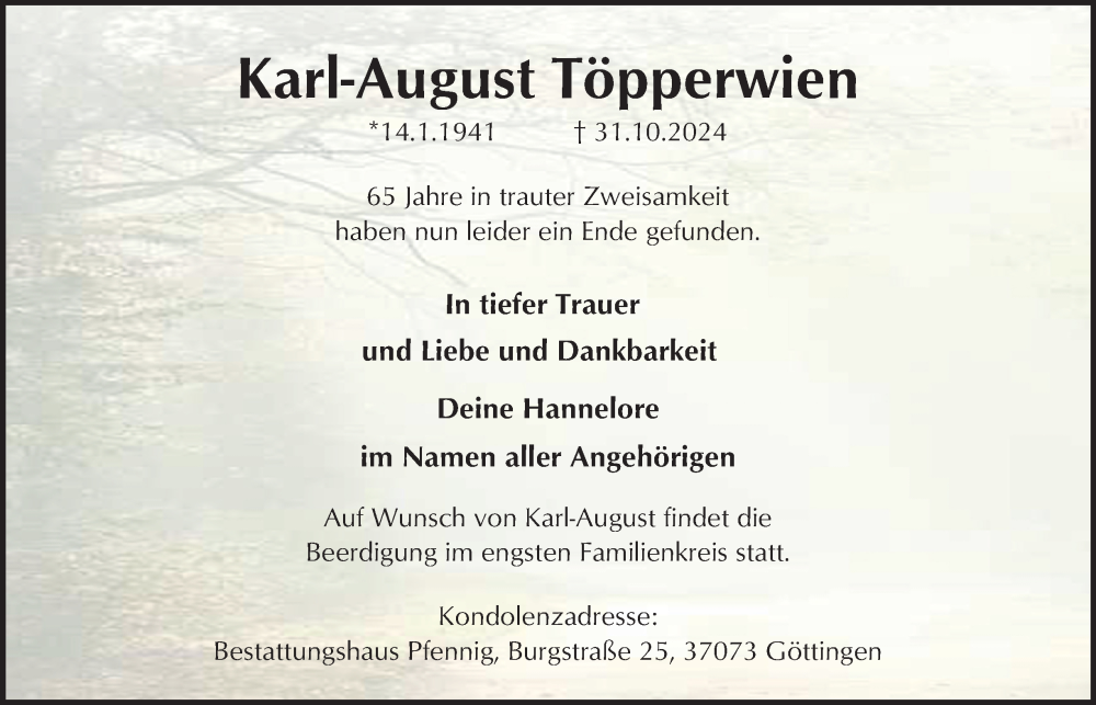  Traueranzeige für Karl-August Töpperwien vom 09.11.2024 aus Harz Kurier