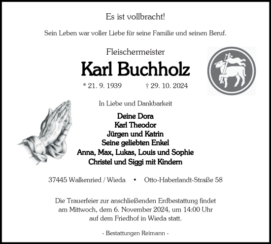 Traueranzeige von Karl Buchholz von Harz Kurier