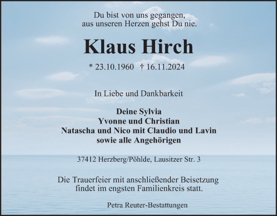Traueranzeige von Klaus Hirch von Harz Kurier