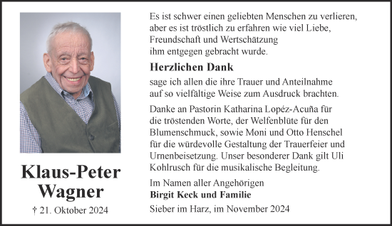 Traueranzeige von Klaus-Peter Wagner von Harz Kurier
