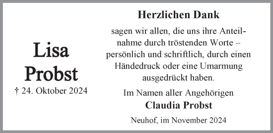 Traueranzeige von Lisa Probst von Harz Kurier