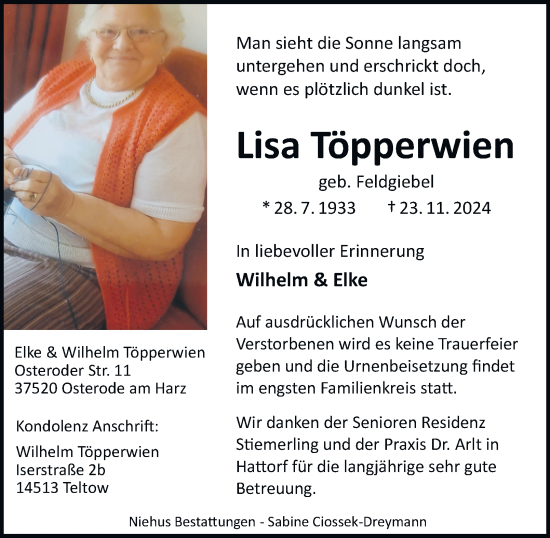 Traueranzeige von Lisa Töpperwien von Harz Kurier
