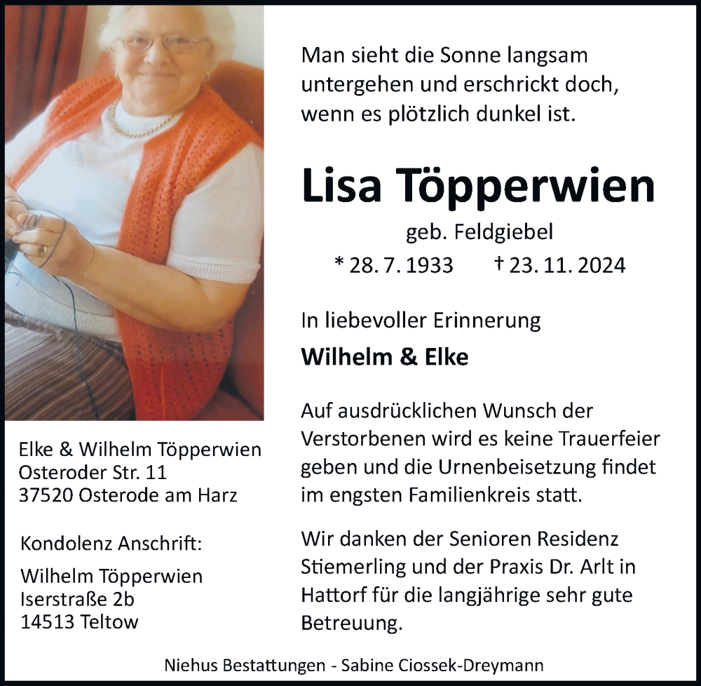  Traueranzeige für Lisa Töpperwien vom 30.11.2024 aus Harz Kurier